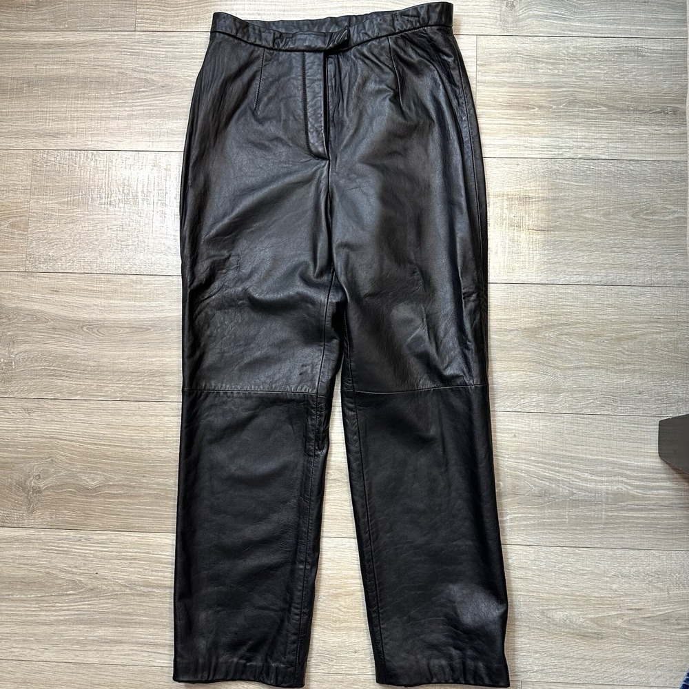 JLC New York 100% Black Leather Women Pants 10s High Rise Straight Regular Fit‎